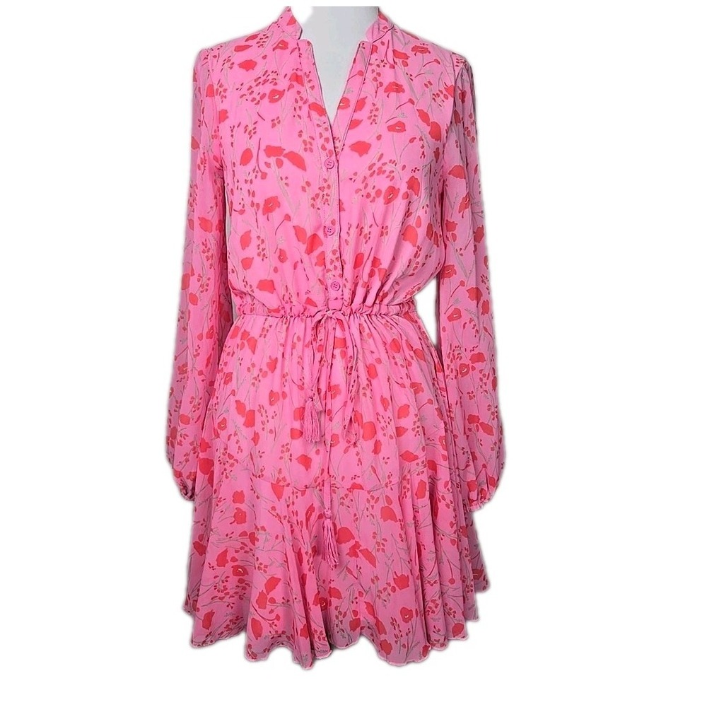 Aakaa Pink Red Floral Chiffon Long Sleeve Drawstring Waist Mini Shirt Dress XS